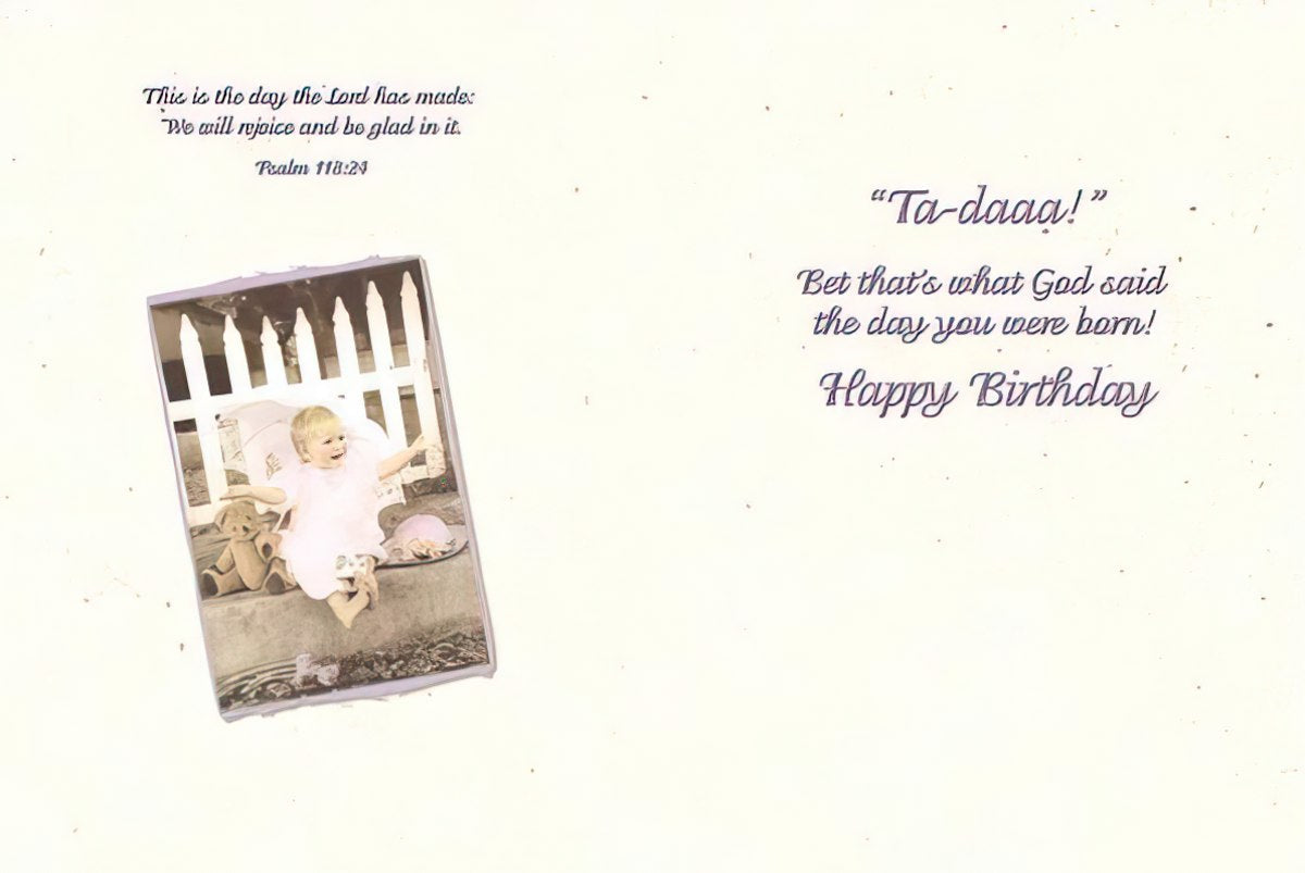 Inside of birthday card with baby photo and the message "Happy Birthday" in a charming script.