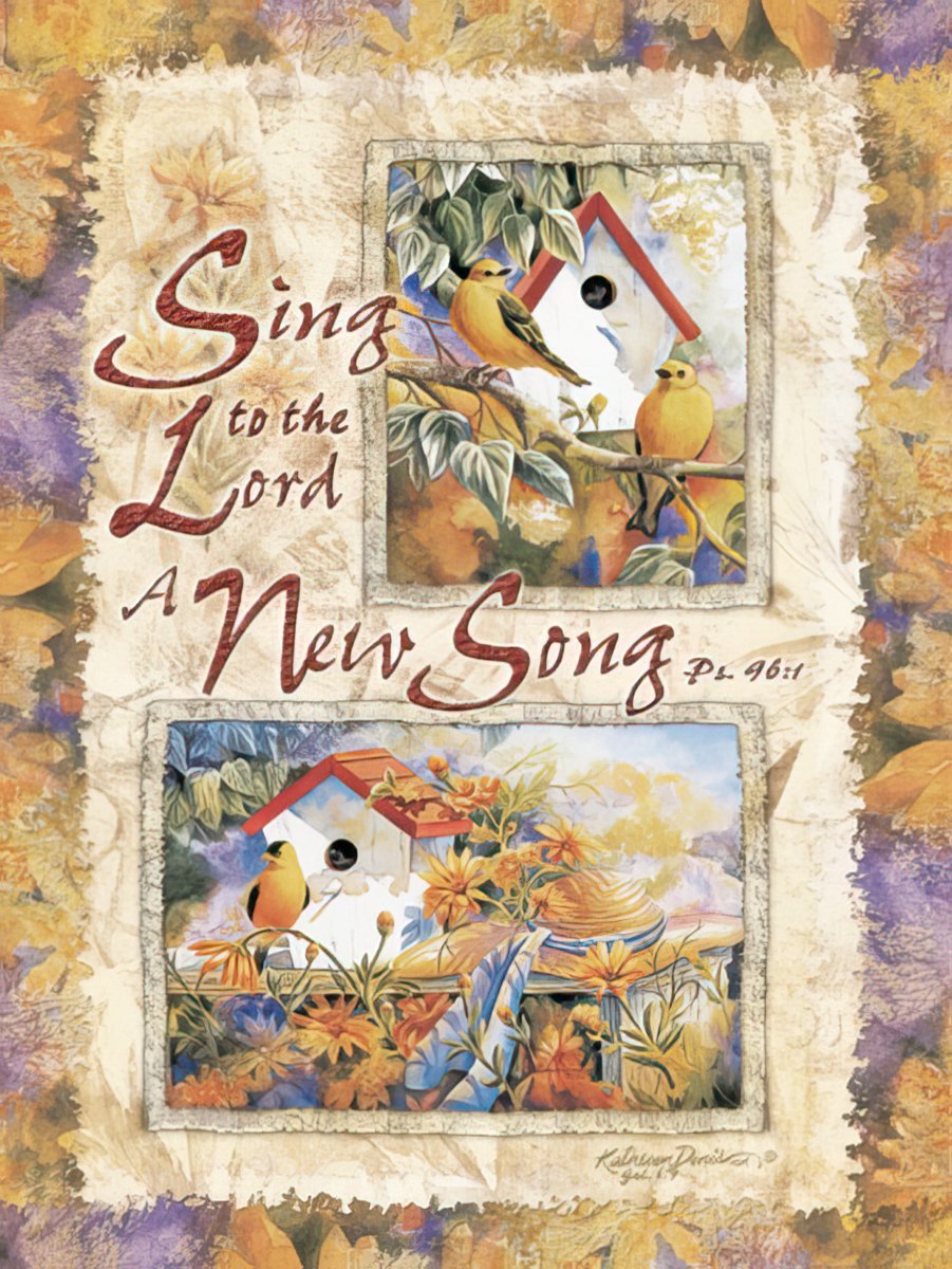 Greeting card front with two birdhouses and yellow birds, along with "Sing to the Lord a New Song" text.