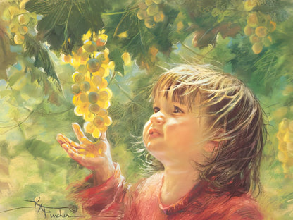 Greeting card front featuring a child looking up at grapes, with "I have called you by your name: You are Mine."