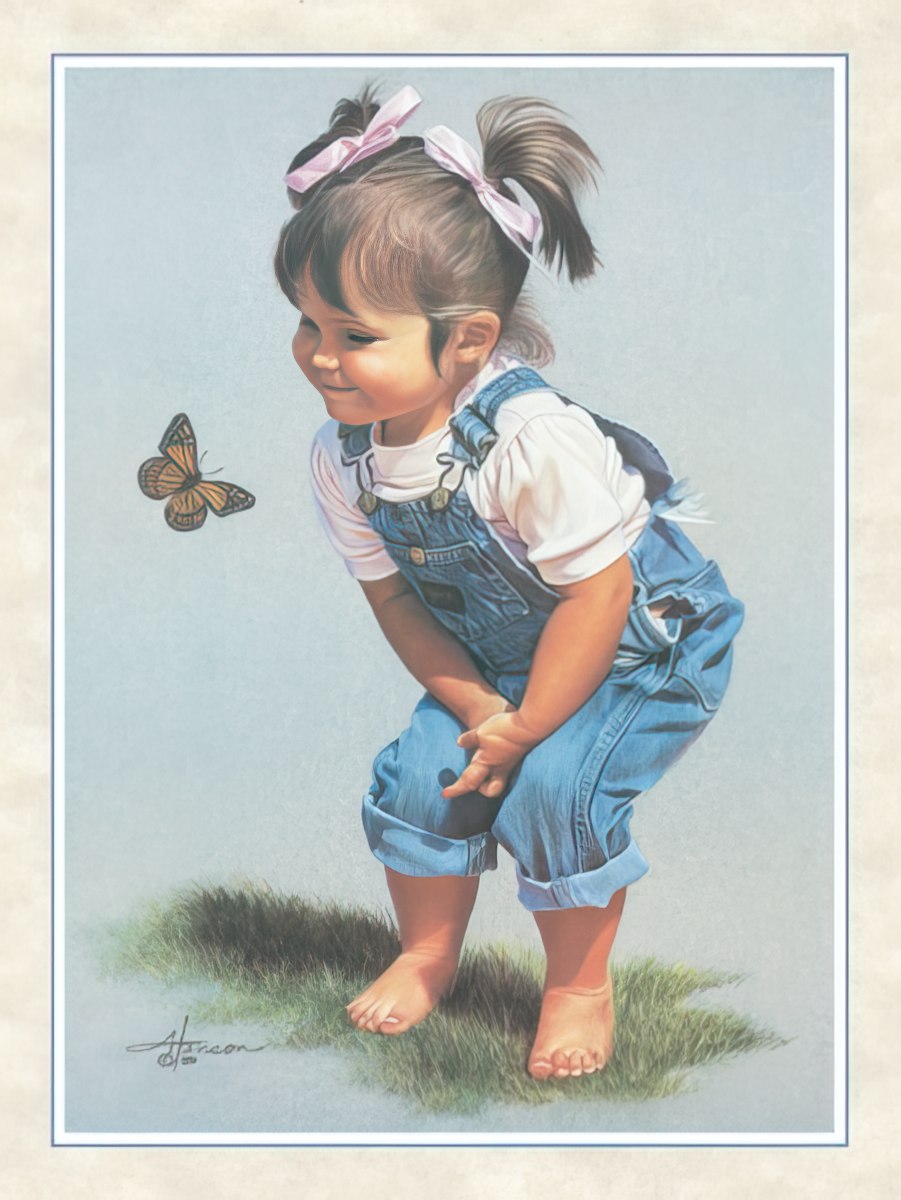 Greeting card front depicts a joyful little girl in denim overalls smiling at a monarch butterfly.