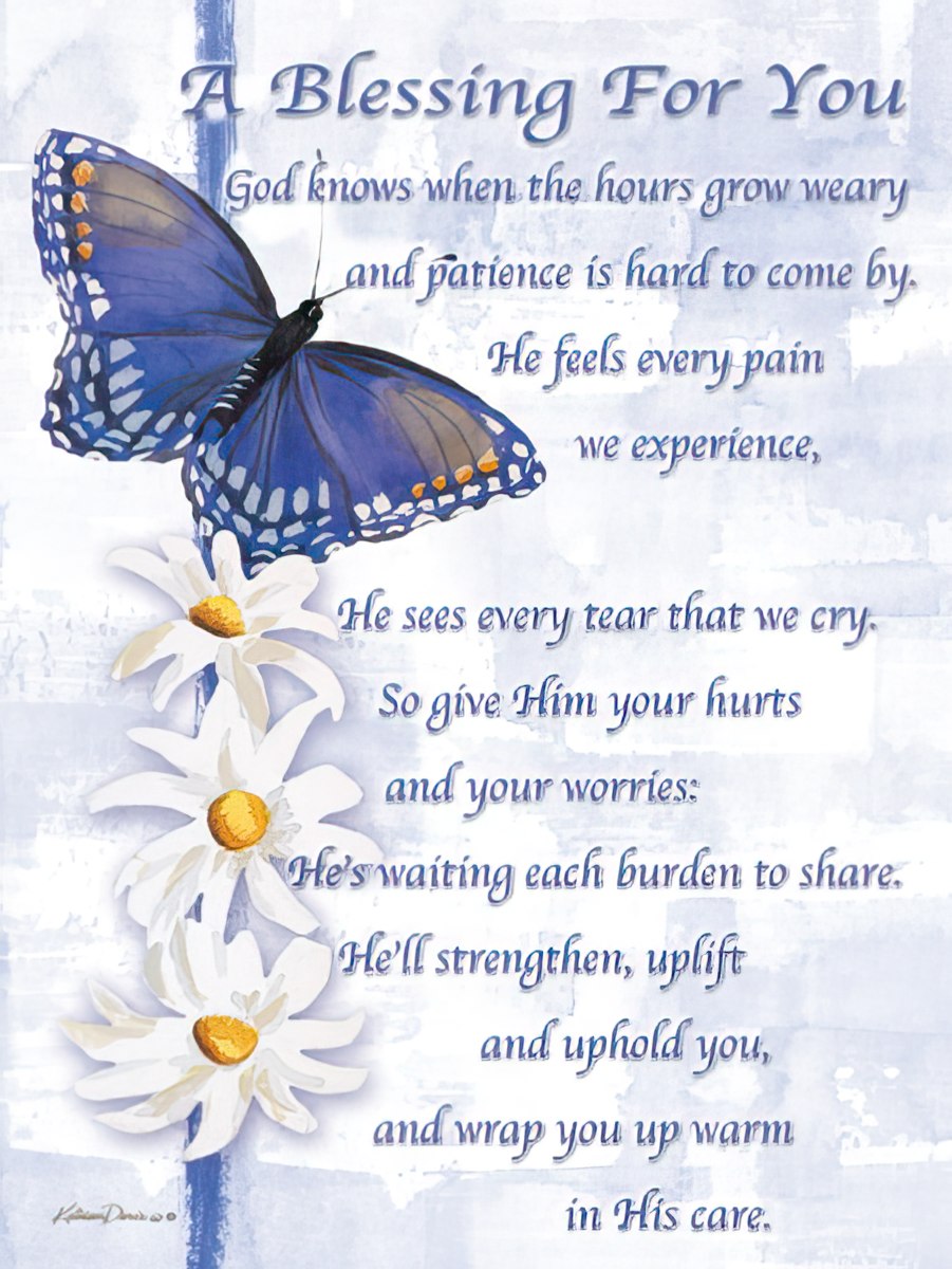 Greeting card front with a blue butterfly and white daisies, featuring "A Blessing For You" text.