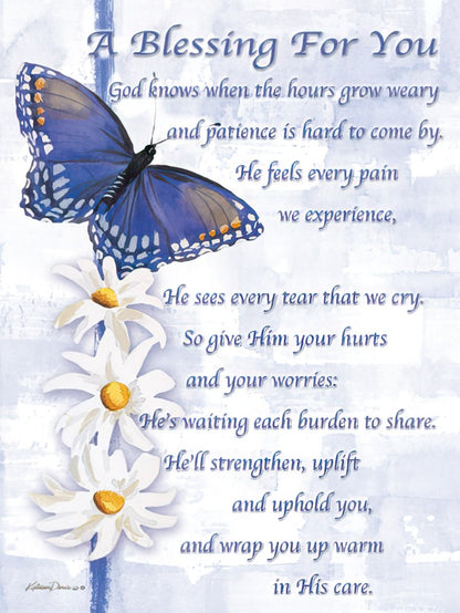 Greeting card front with a blue butterfly and white daisies, featuring "A Blessing For You" text.