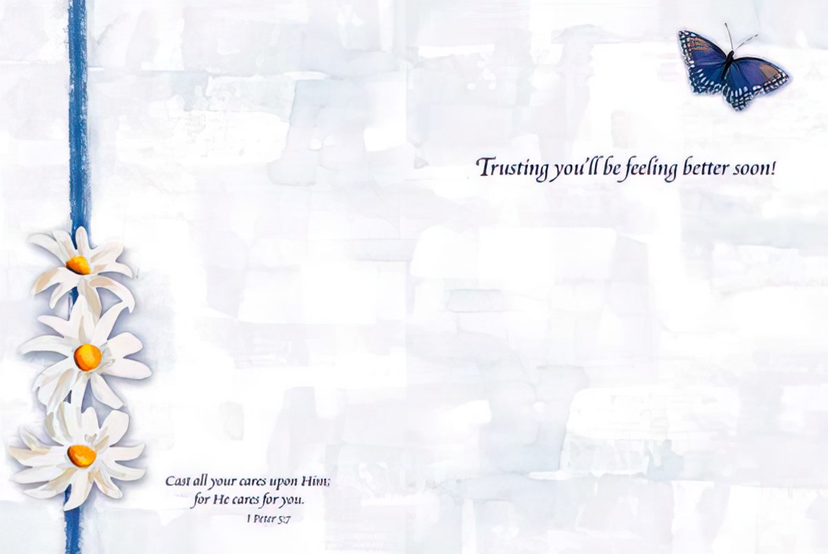 Inside of butterfly blessing card with daisies and text "Trusting you'll be feeling better soon!" for encouragement.