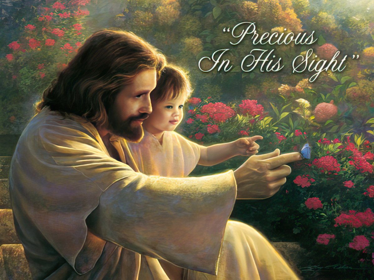 Greeting card front depicting Jesus with a child, pointing at a butterfly, titled "Precious In His Sight."