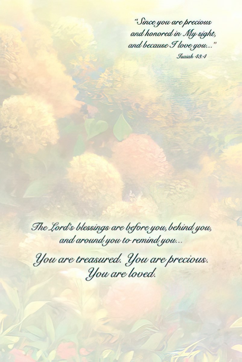 Inside of Jesus and child card, conveying a message of love: "You are treasured. You are precious. You are loved."