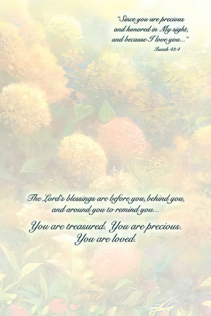 Inside of Jesus and child card, conveying a message of love: "You are treasured. You are precious. You are loved."