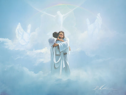 Greeting card front featuring Jesus embracing a person in the clouds, with angels and a rainbow.