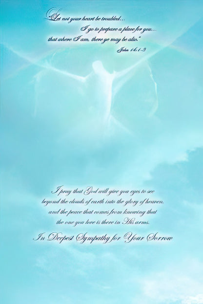 Inside of Jesus embracing card, expressing "In Deepest Sympathy for Your Sorrow" with comforting scripture.
