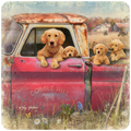 Charming Golden Retriever family, including an adult dog and playful puppies, peeking from a vintage red farm truck. Surrounded by an idyllic autumn country landscape with farmhouses, a bluebird, and a butterfly, creating a heartwarming scene on a durable coaster.