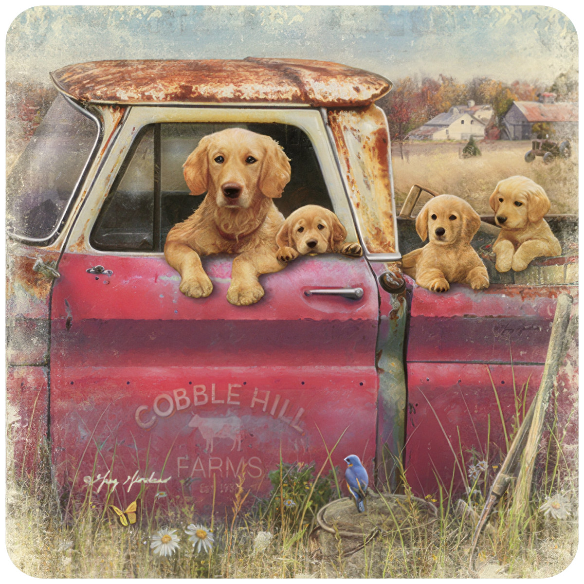 Charming Golden Retriever family, including an adult dog and playful puppies, peeking from a vintage red farm truck. Surrounded by an idyllic autumn country landscape with farmhouses, a bluebird, and a butterfly, creating a heartwarming scene on a durable coaster.