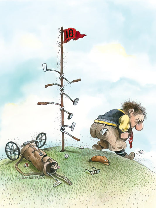 Funny golf birthday card with a frustrated golfer, bent clubs, and a golf bag on the ground near the 18th hole flag.
