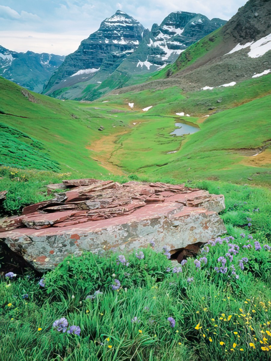 A lush green mountain valley with a large red rock formation and distant snowy peaks under a cloudy sky.