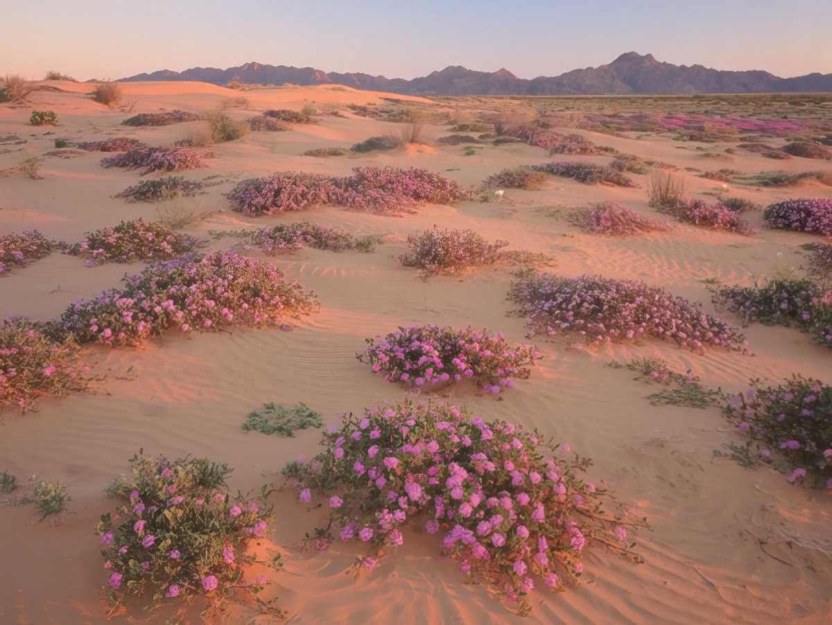 Expansive sandy desert landscape with scattered bushes of blooming pink and purple flowers under a hazy sky.