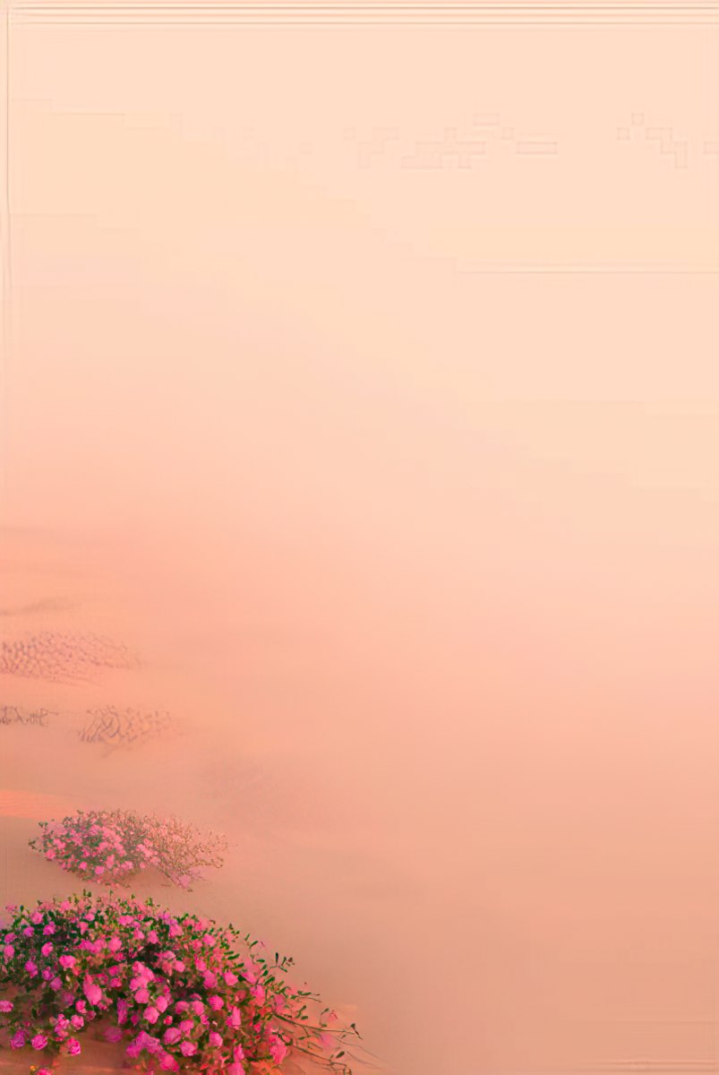 A soft gradient background from light pink to peach, with pink desert flowers blurred in the lower left corner.