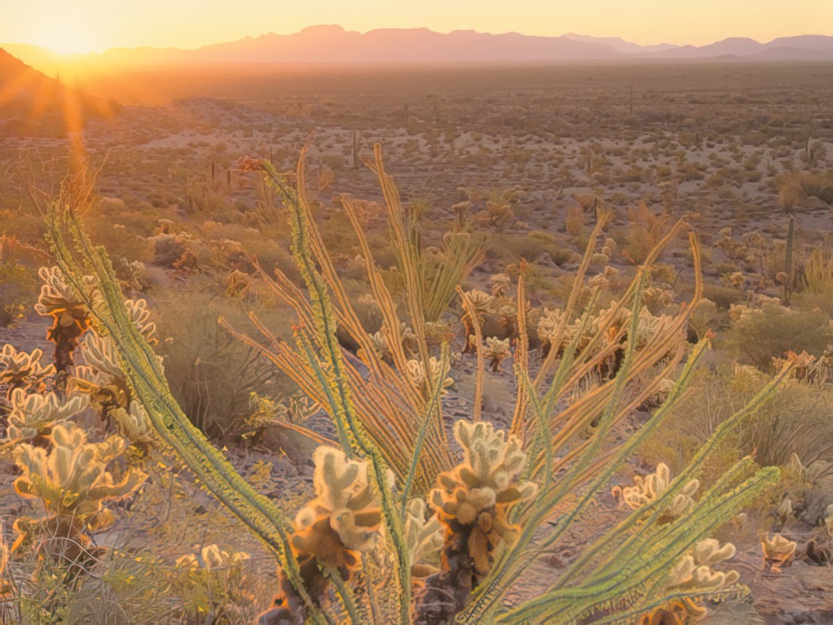 A wide desert panorama at sunset, with a prominent ocotillo plant in the foreground and distant mountains.