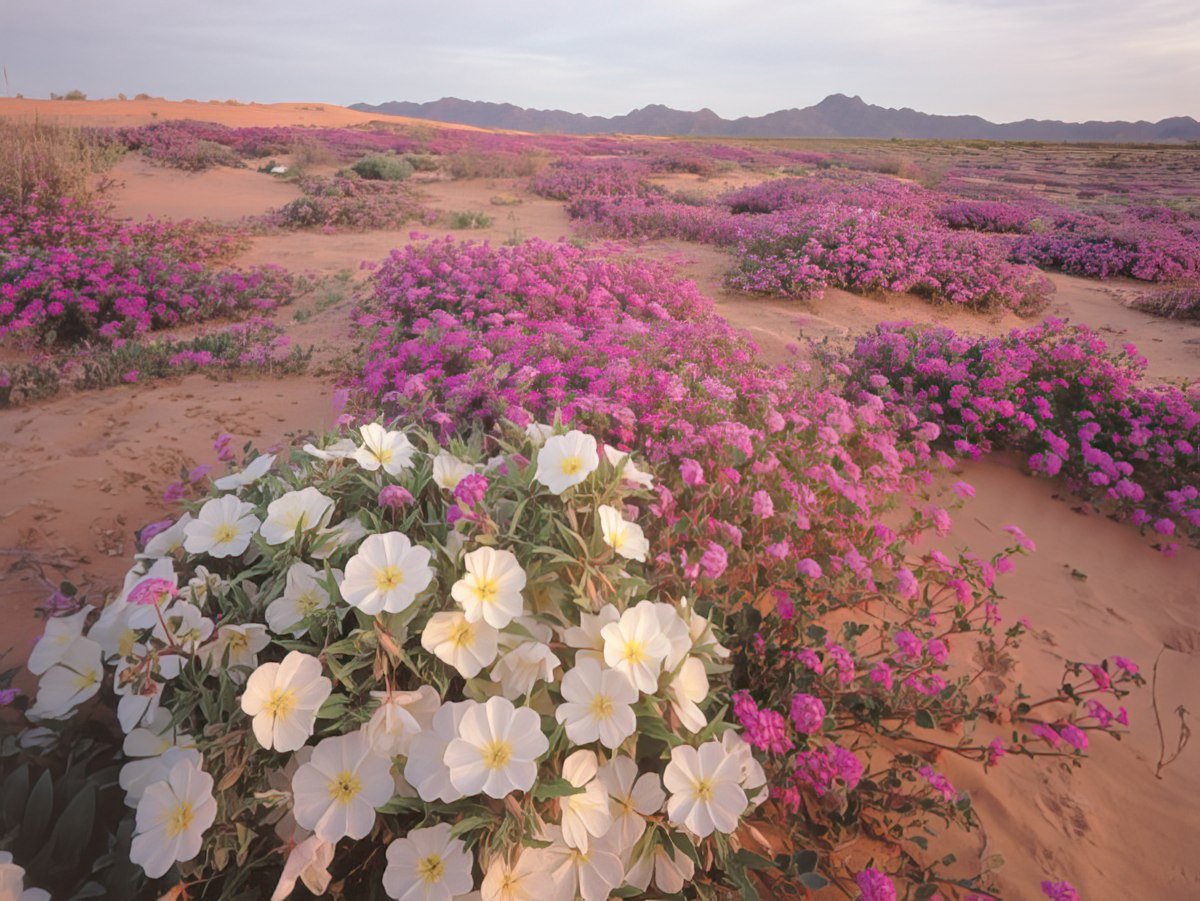 A cluster of white and yellow desert primroses blooming amidst a field of smaller pink-purple flowers in sandy terrain.