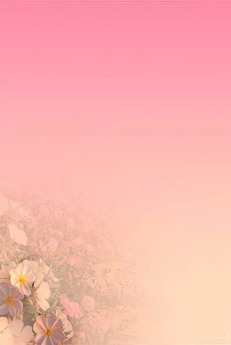 A soft gradient background from light pink to peach, with white and pink desert flowers blurred in the lower left corner.