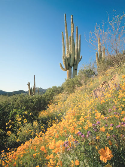 A hillside covered in vibrant yellow poppies and purple wildflowers with tall saguaro cacti under a clear blue sky.