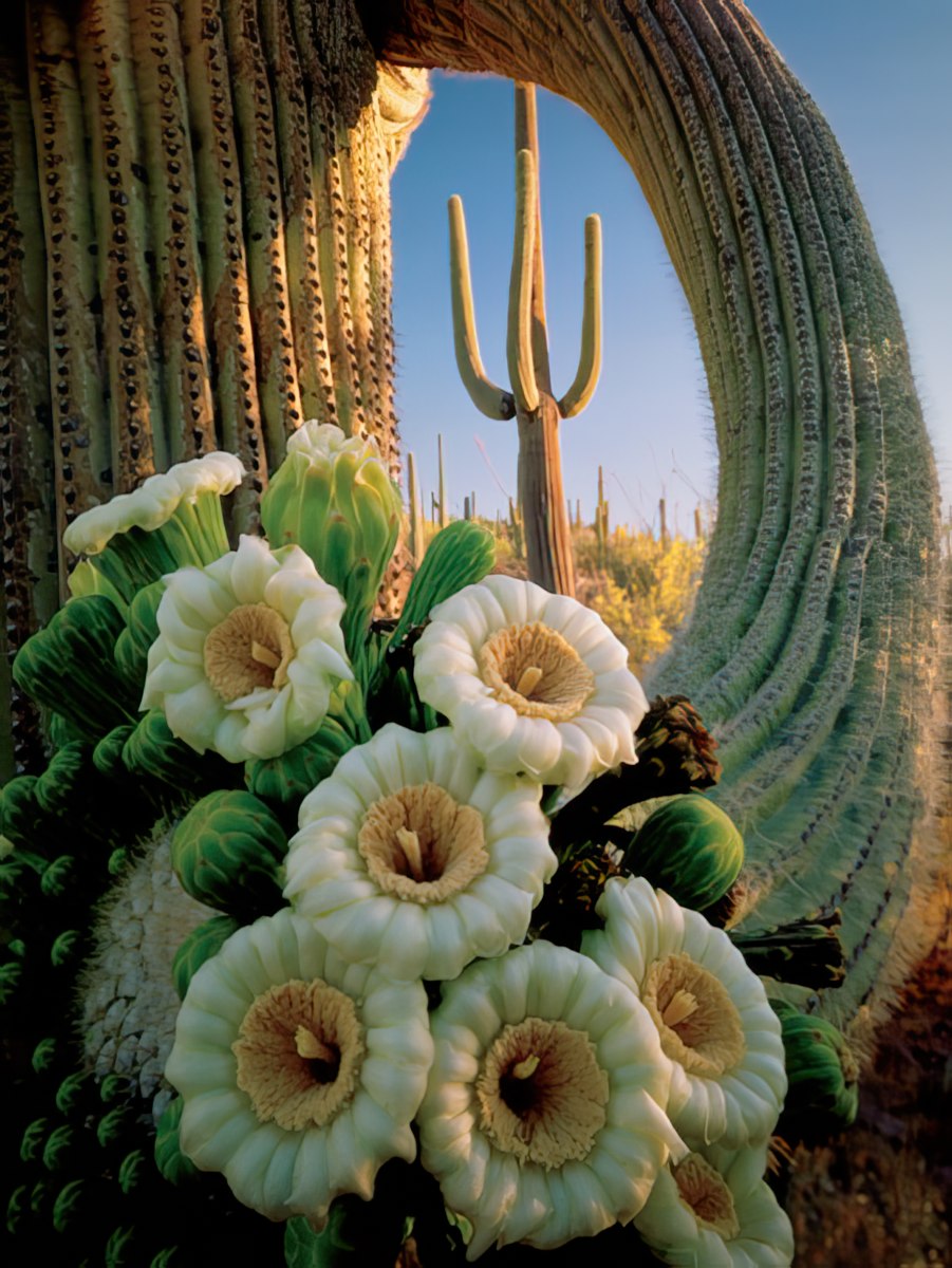 Close-up of white saguaro cactus blooms with green buds, framed by the textured arm of a saguaro cactus against a blue sky.