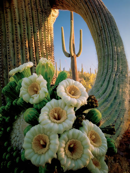 Close-up of white saguaro cactus blooms with green buds, framed by the textured arm of a saguaro cactus against a blue sky.