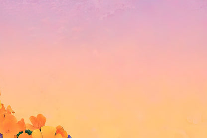 A soft gradient background from pink to orange, with yellow and purple flowers blurred in the lower left corner.