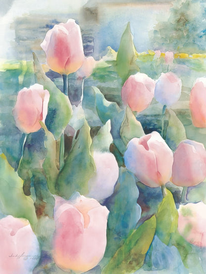 Watercolor painting of soft pink tulips with green leaves in a garden setting by Judy Buswell.
