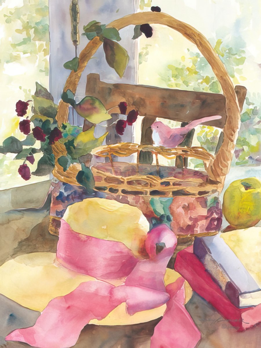 Watercolor art by Judy Buswell depicting a wicker basket, a pink hat, a small bird, and an apple.