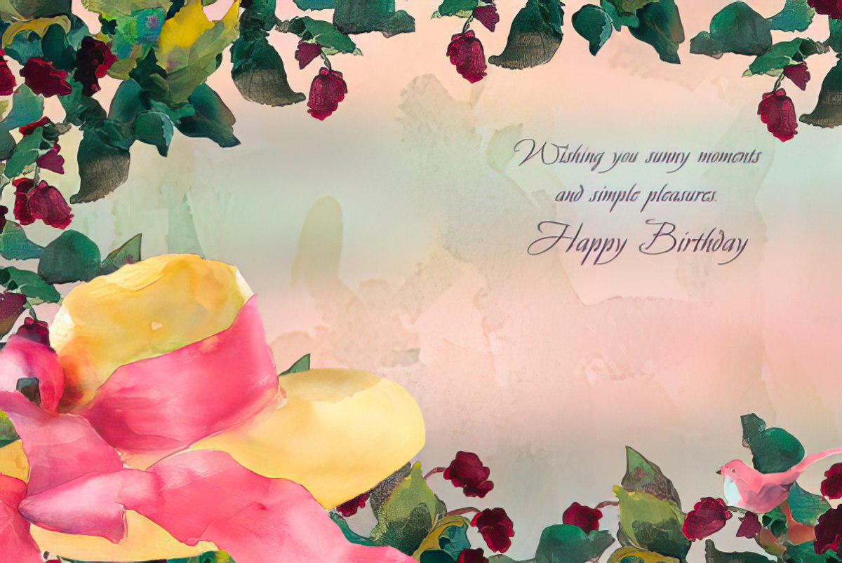 Inside of a Judy Buswell watercolor birthday card with a pink ribboned hat and "Wishing you sunny moments" text.