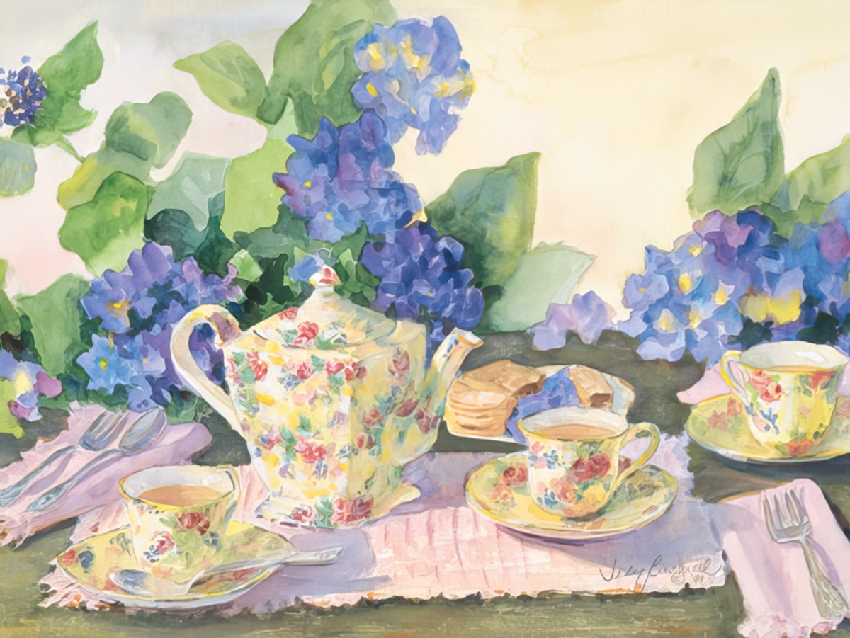 Watercolor painting by Judy Buswell of a floral teapot and teacups surrounded by blue hydrangeas.