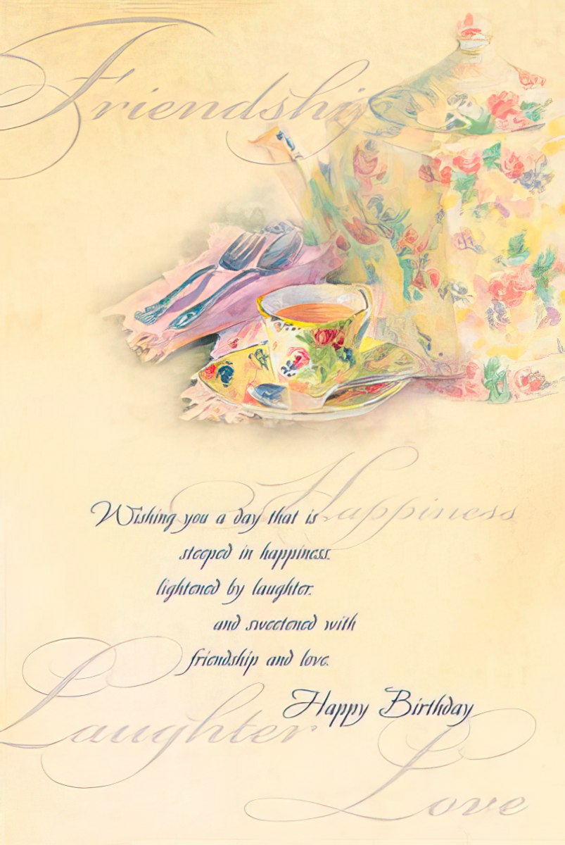 Inside of a Judy Buswell birthday card with a tea set and "Wishing you a day that is steeped in happiness".