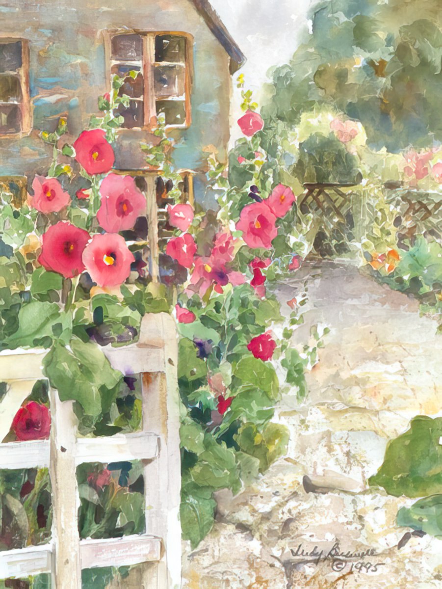 Watercolor scene by Judy Buswell of pink hollyhocks blooming beside a white picket fence and a stone cottage.