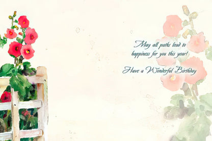Inside of a Judy Buswell hollyhock birthday card with "May all paths lead to happiness for you this year!" message.
