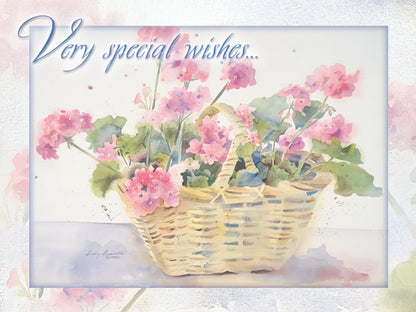 Watercolor illustration by Judy Buswell of a wicker basket filled with delicate pink geranium flowers.