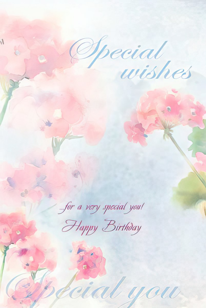 Inside of a Judy Buswell birthday card featuring pink geraniums and "Special wishes for a very special you!"
