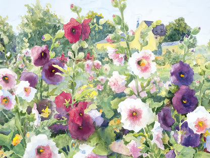 Judy Buswell watercolor painting of a vibrant garden scene with purple, red, and white hollyhocks in full bloom.