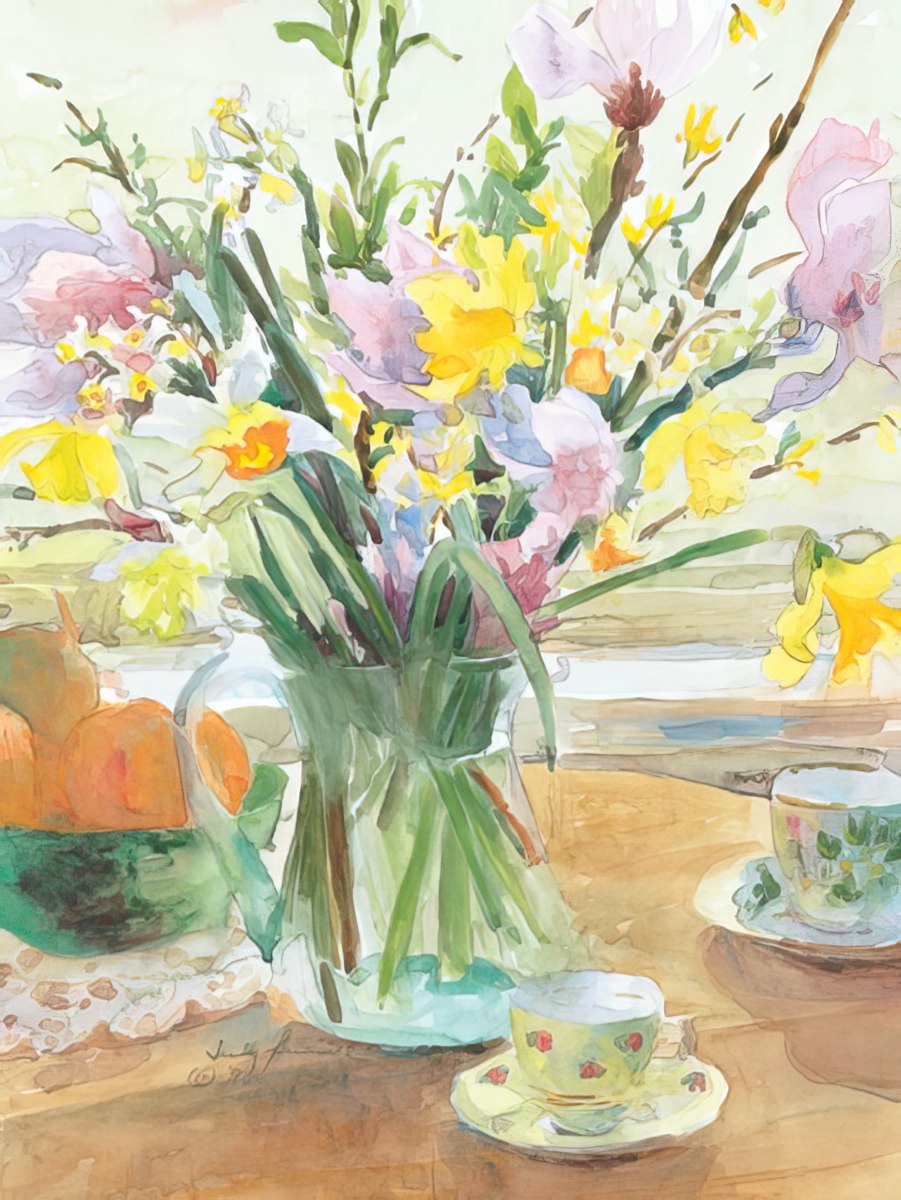 Watercolor by Judy Buswell showing a vase of daffodils and magnolias on a table with teacups.