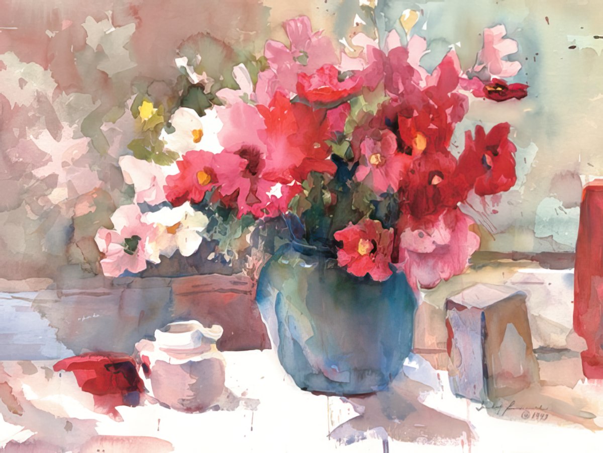 Judy Buswell watercolor painting of vibrant red and pink flowers in a blue vase on a tabletop.