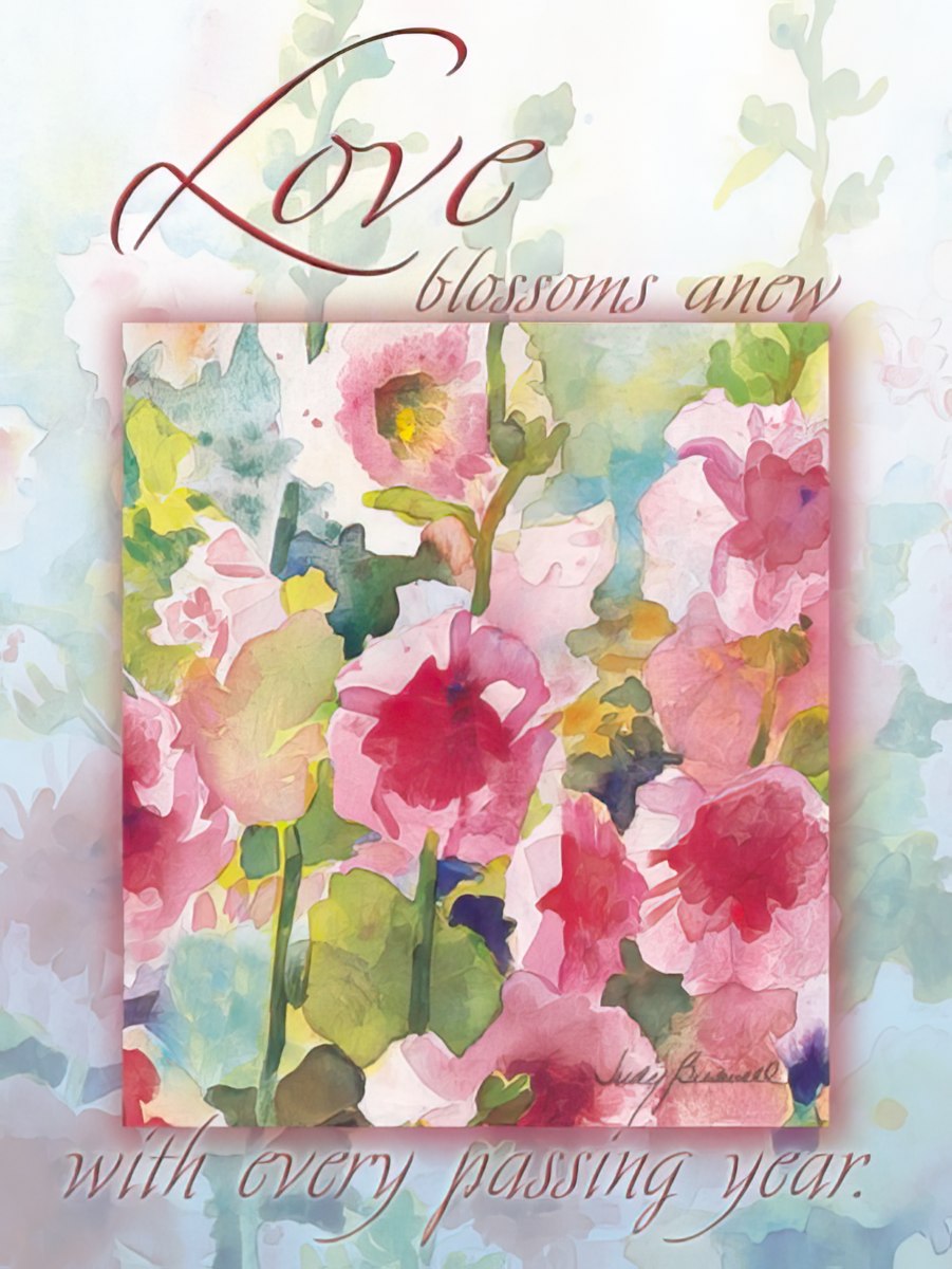 Watercolor art by Judy Buswell featuring pink and white flowers and "Love blossoms anew" text.