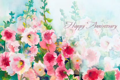 Inside of a Judy Buswell anniversary card with pink flowers and "Happy Anniversary" message.
