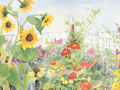 Judy Buswell watercolor painting of a lively garden scene with tall sunflowers, various colorful flowers, and a fence.