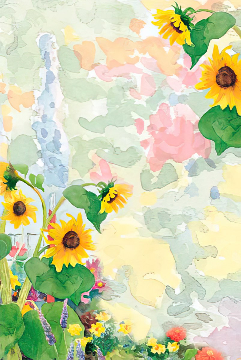 Inside of a Judy Buswell floral card with abstract watercolor background, complementing the vibrant sunflowers.