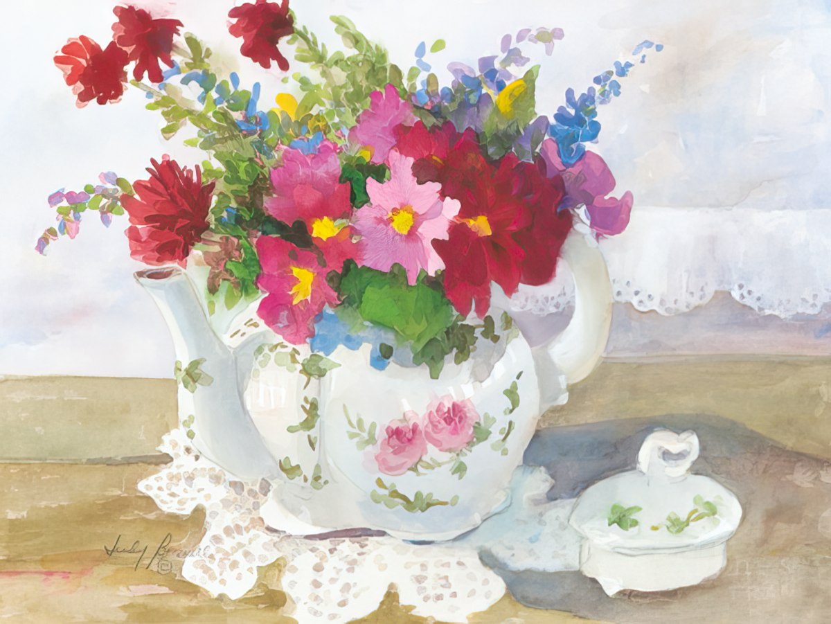Watercolor painting by Judy Buswell of a white teapot adorned with pink roses, surrounded by colorful garden flowers.