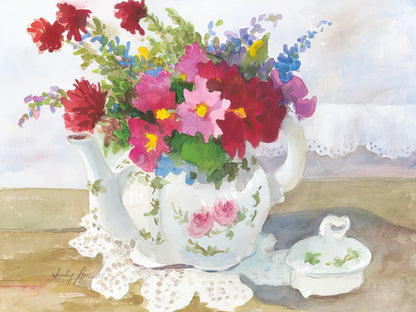 Watercolor painting by Judy Buswell of a white teapot adorned with pink roses, surrounded by colorful garden flowers.