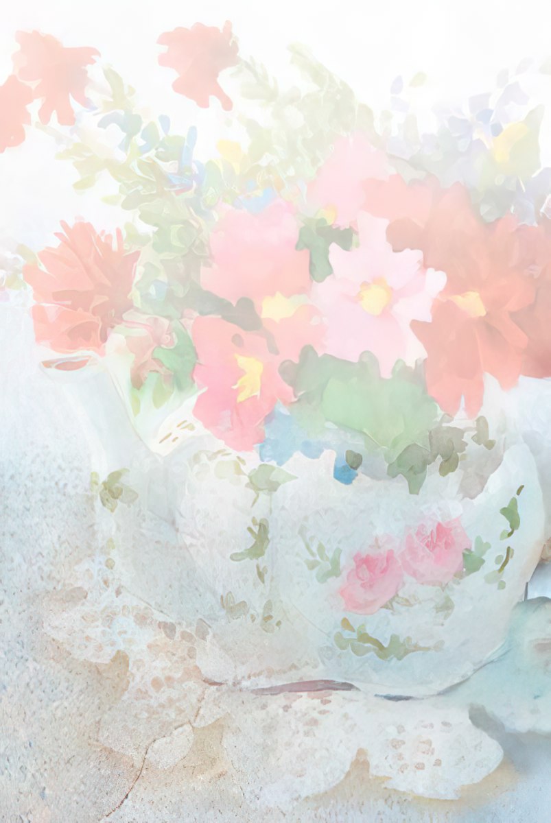 Inside of a Judy Buswell floral card with a soft watercolor wash, hinting at the teapot and flowers design.