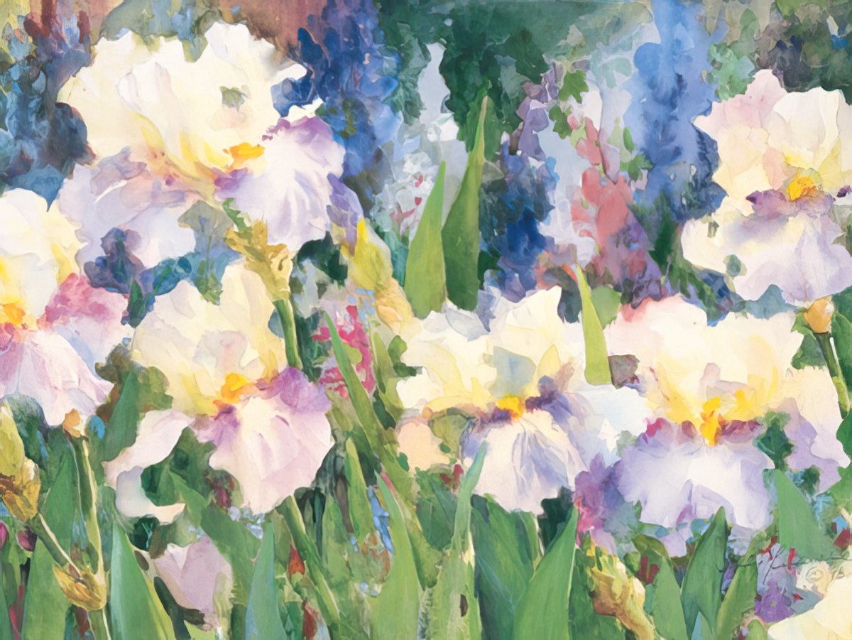 Judy Buswell watercolor of elegant white irises with hints of yellow and purple, amidst lush green foliage.
