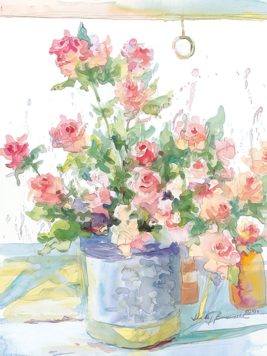 Judy Buswell watercolor painting of delicate pink roses in a blue pot against a light background.