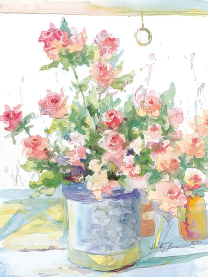 Judy Buswell watercolor painting of delicate pink roses in a blue pot against a light background.