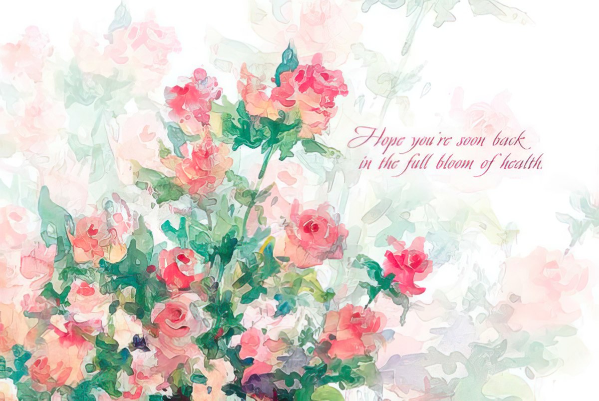 Inside of a Judy Buswell rose card with a soft floral wash and "Hope you're soon back in the full bloom of health."