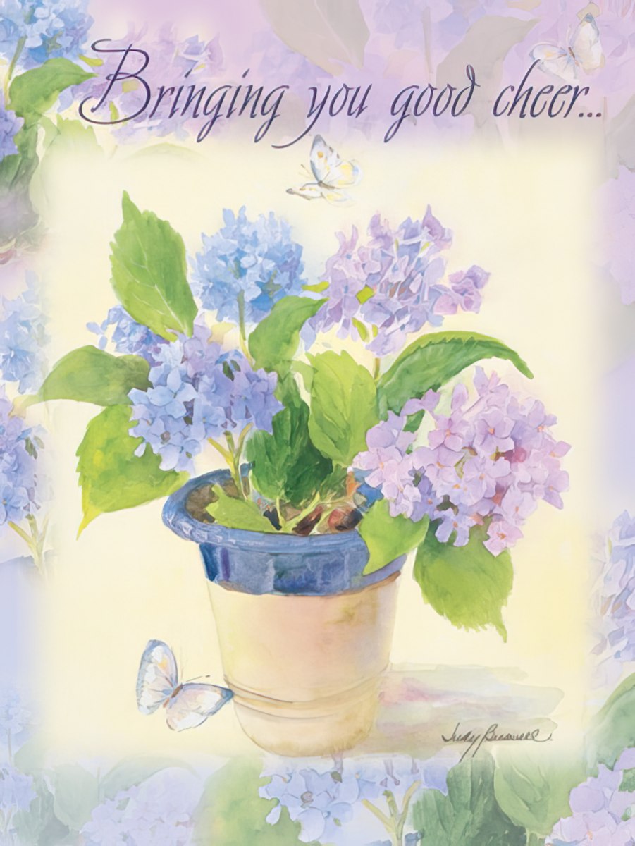 Watercolor art by Judy Buswell featuring blue and purple hydrangeas in a rustic pot with butterflies.
