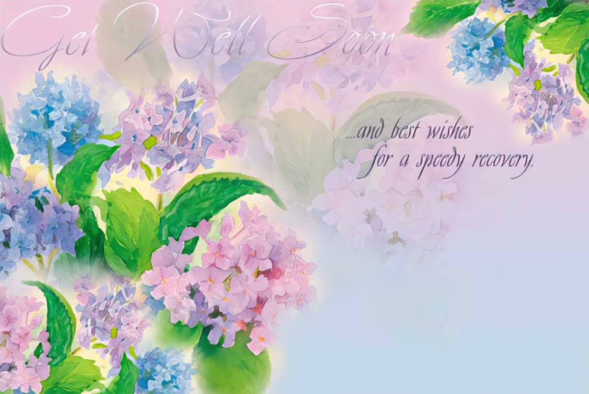 Inside of a Judy Buswell hydrangea card with a soft purple and blue wash and "Get Well Soon..." message.